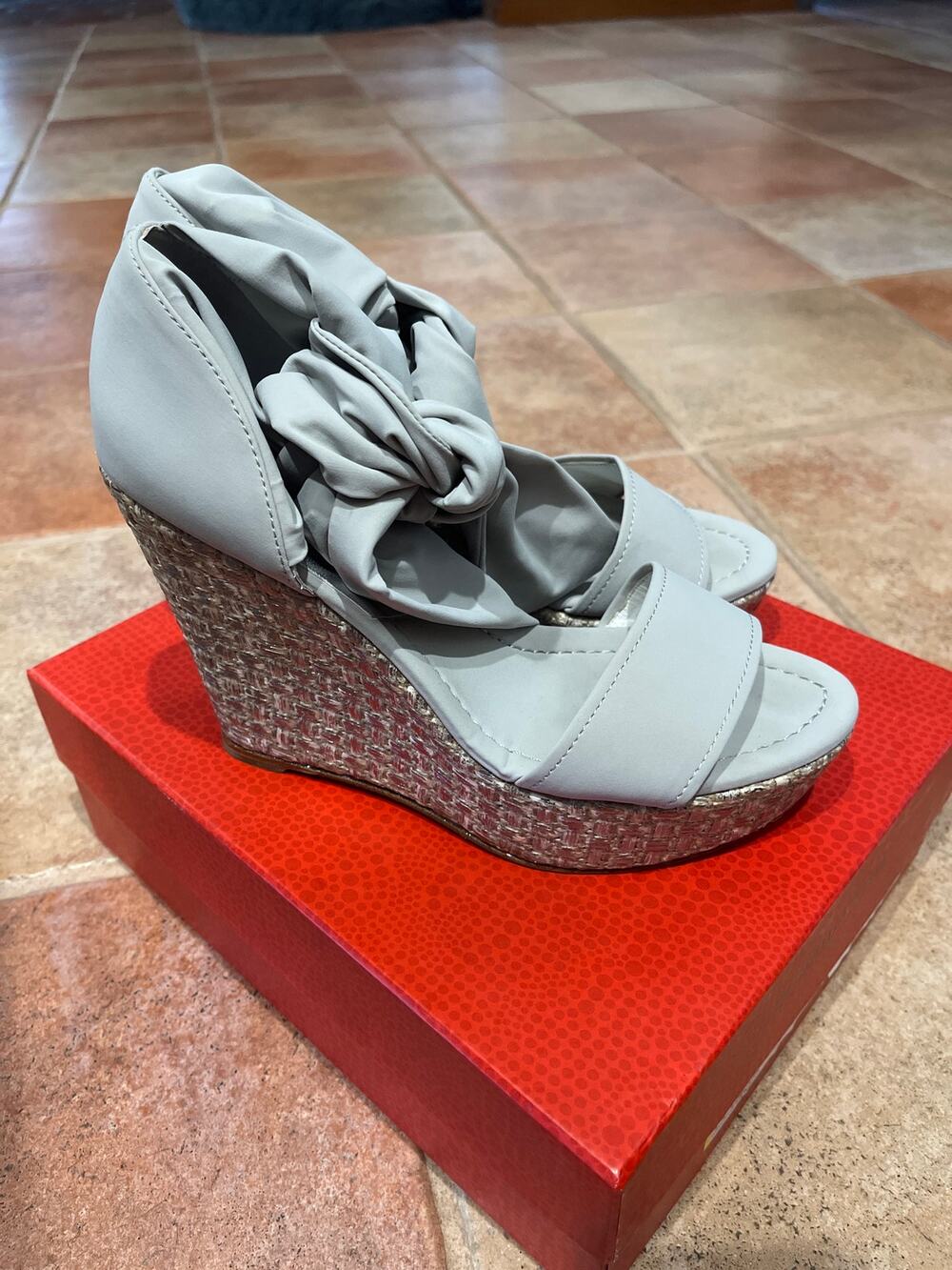 Donald J Pliner "Tess" fabric ankle-tie platform wedges in the Slate/Natural 9